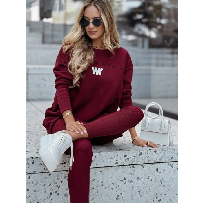 Kadın Uzun Kollu Bisiklet Yaka Nervurlu Viskon Iki Iplik Ve Tayt Pantolon Ikili Takım