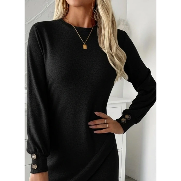 Kadın Uzun Kollu Bisiklet Yaka önden Asimetrik Kesim Detaylı Mini Yumoş Elbise