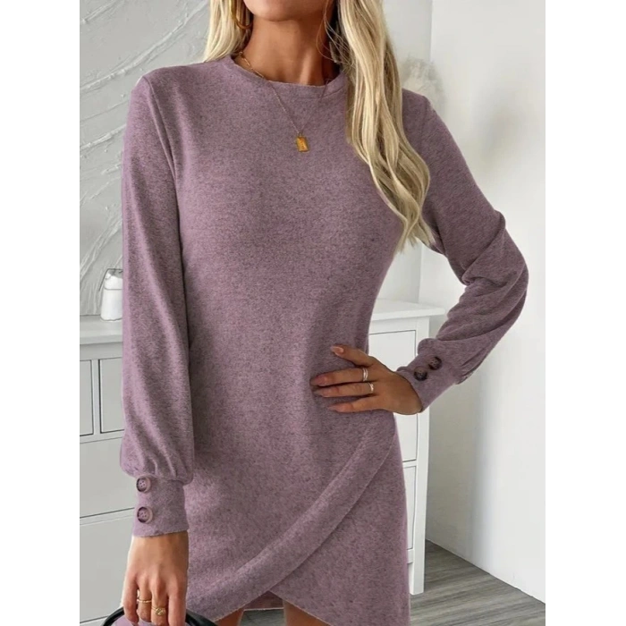 Kadın Uzun Kollu Bisiklet Yaka önden Asimetrik Kesim Detaylı Mini Yumoş Elbise