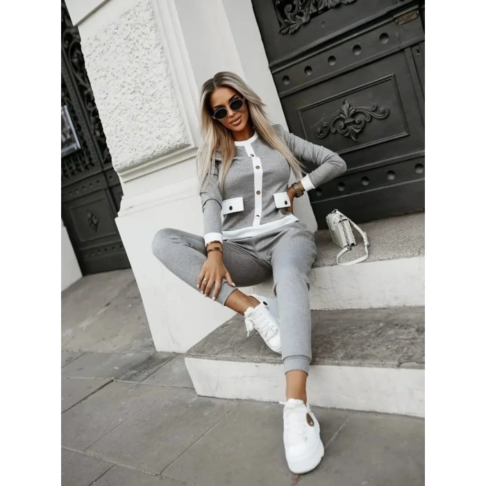 Kadın Uzun Kollu Bisiklet Yaka önden Düğmeli şardonlu Kaşkorse Bluz Ve Pantolon Ikili Takım