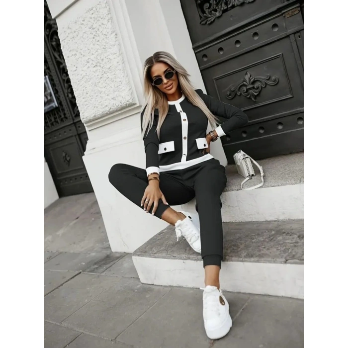 Kadın Uzun Kollu Bisiklet Yaka önden Düğmeli şardonlu Kaşkorse Bluz Ve Pantolon Ikili Takım