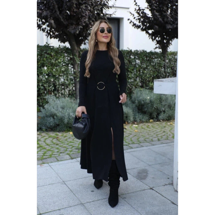 Kadın Uzun Kollu Bisiklet Yaka önden Halka Detaylı Yırtmaçlı Uzun Viskon Iki Iplik Elbise