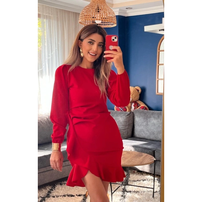 Kadın Uzun Kollu Bisiklet Yaka önden Volanlı Ithal Krep Elbise