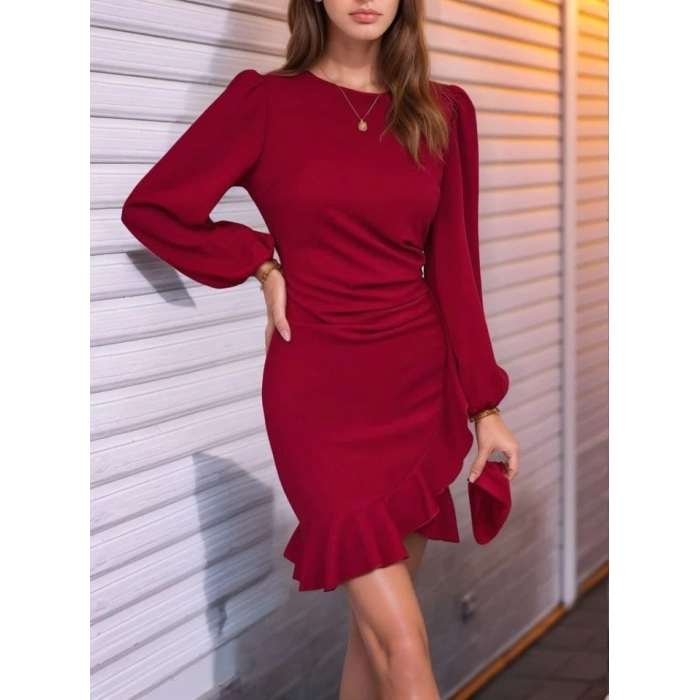 Kadın Uzun Kollu Bisiklet Yaka önden Volanlı Ithal Krep Elbise