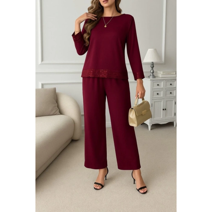 Kadın Uzun Kollu Bisiklet Yaka Pulpayetli Viskon Iki Iplik Bluz Ve Pantolon Ikili Takım