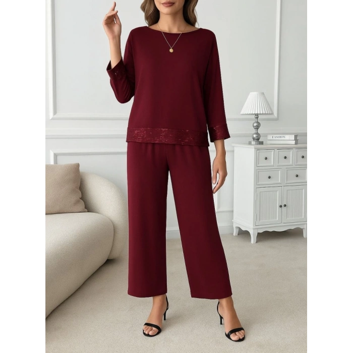 Kadın Uzun Kollu Bisiklet Yaka Pulpayetli Viskon Iki Iplik Bluz Ve Pantolon Ikili Takım