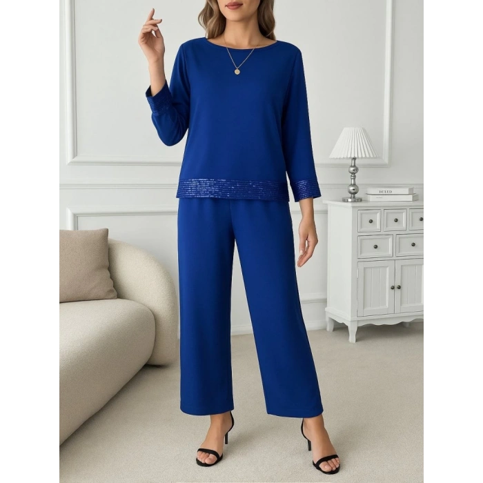 Kadın Uzun Kollu Bisiklet Yaka Pulpayetli Viskon Iki Iplik Bluz Ve Pantolon Ikili Takım