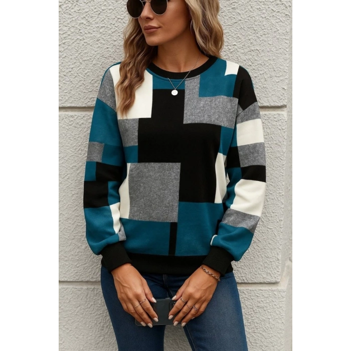 Kadın Uzun Kollu Bisiklet Yaka Renkli Blok Baskı Dalgıç Bluz