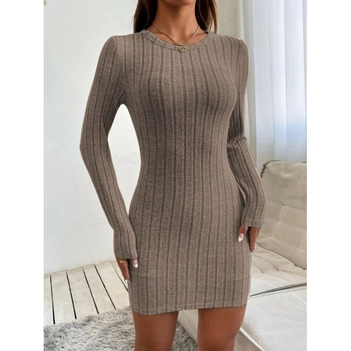 Kadın Uzun Kollu Bisiklet Yaka şardonlu Kalın Fitilli Kaşkorse Mini Boy Elbise