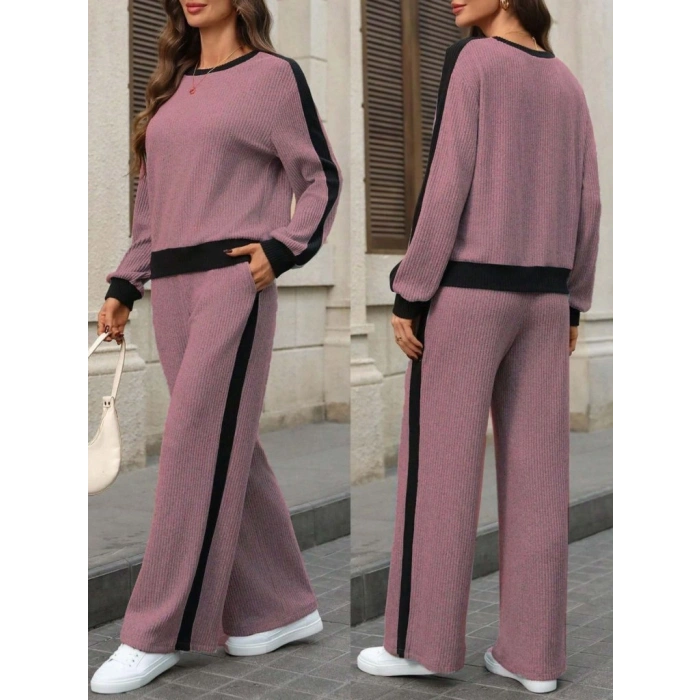 Kadın Uzun Kollu Bisiklet Yaka şardonlu Kaşkorse Bluz Ve Pantolon Ikili Takım