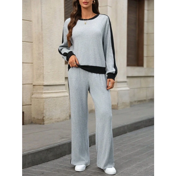 Kadın Uzun Kollu Bisiklet Yaka şardonlu Kaşkorse Bluz Ve Pantolon Ikili Takım