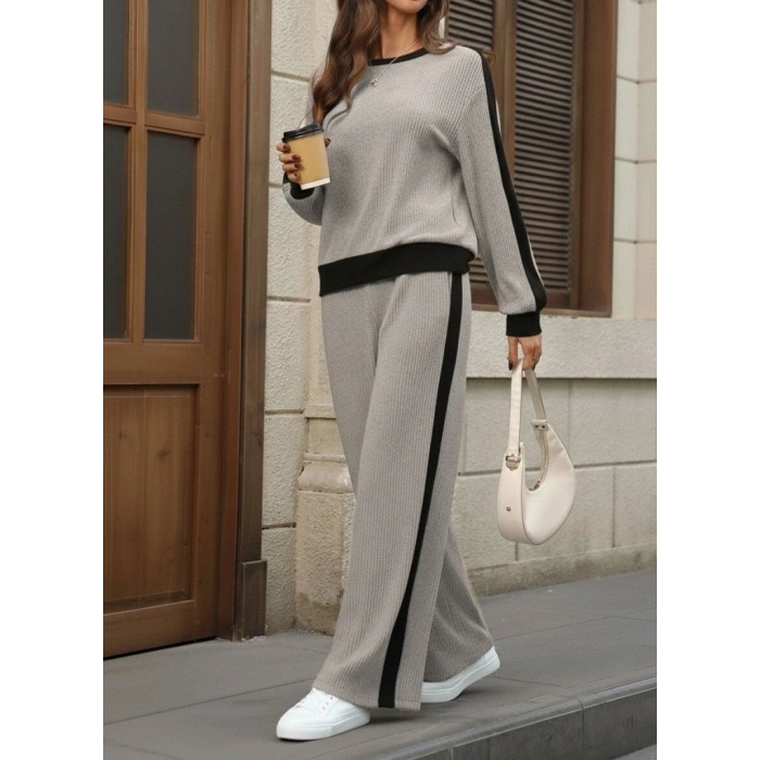 Kadın Uzun Kollu Bisiklet Yaka şardonlu Kaşkorse Bluz Ve Pantolon Ikili Takım