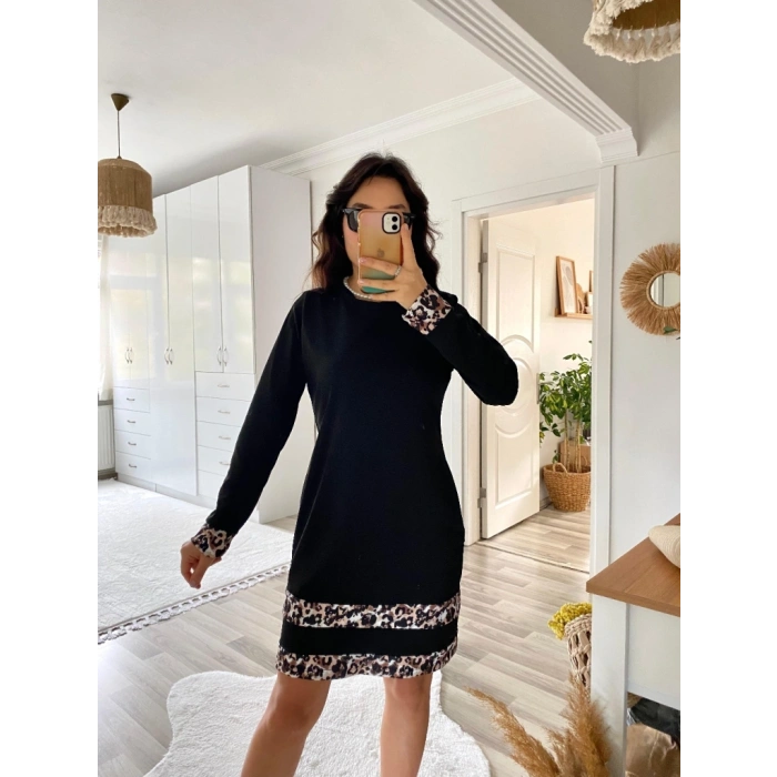 Kadın Uzun Kollu Bisiklet Yaka şerit Leopar Desenli Kısa Dalgıç Elbise