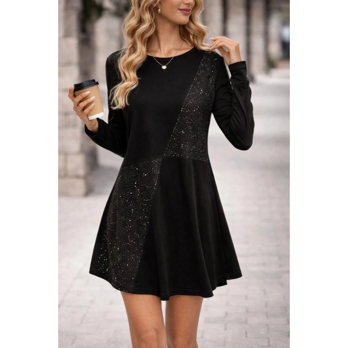 Kadın Uzun Kollu Bisiklet Yaka Taş Detay Mini Elbise