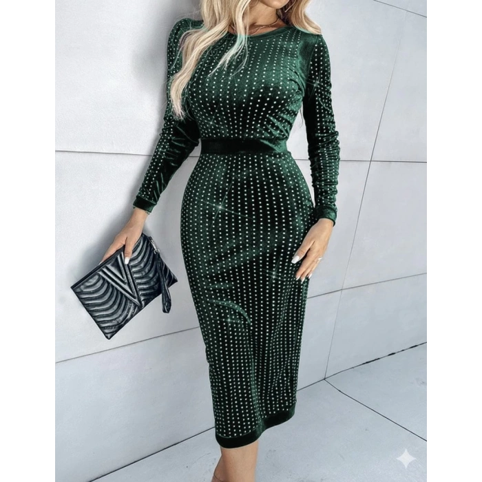 Kadın Uzun Kollu Bisiklet Yaka Taşlı Midi Kadife Elbise