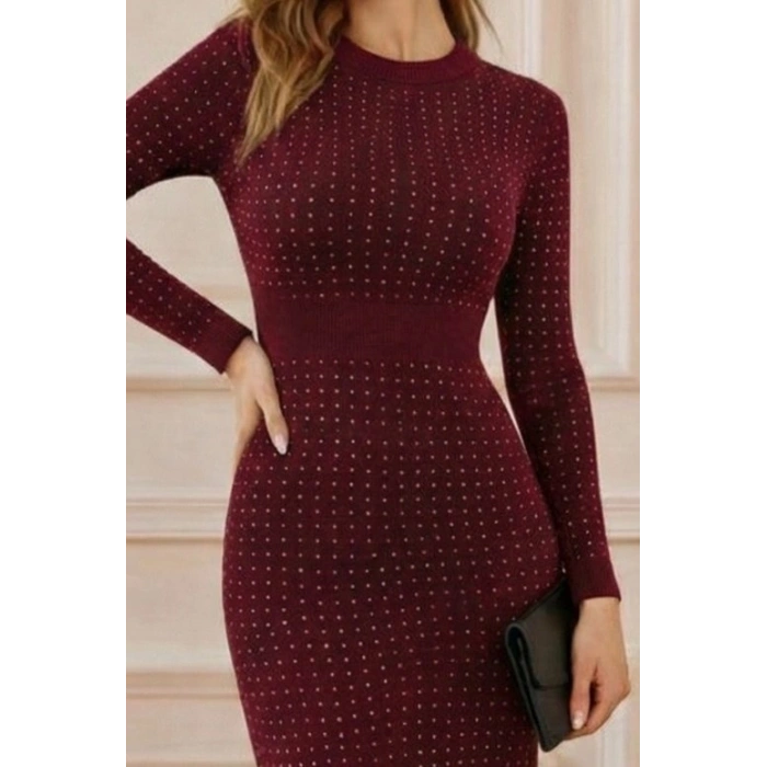 Kadın Uzun Kollu Bisiklet Yaka Taşlı Midi Kadife Elbise