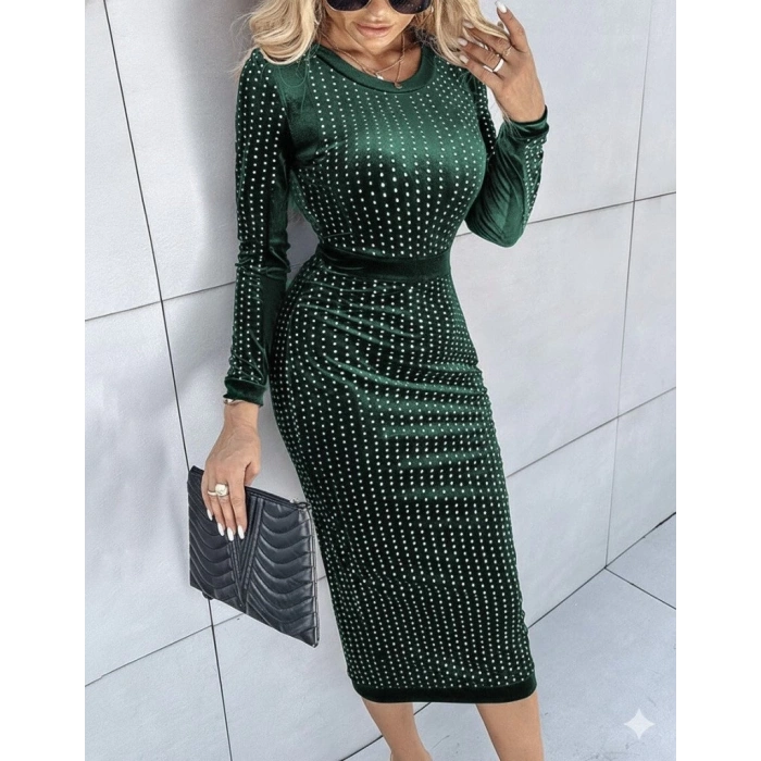 Kadın Uzun Kollu Bisiklet Yaka Taşlı Midi Kadife Elbise