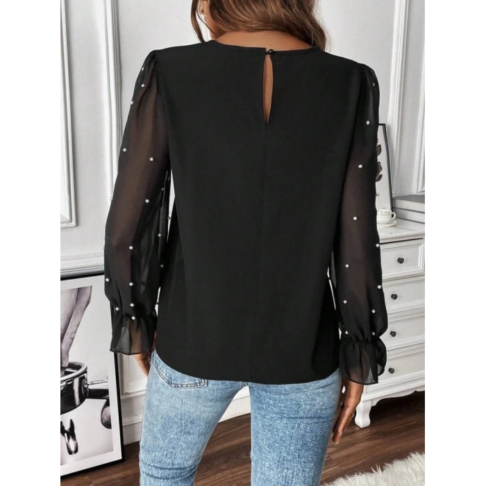 Kadın Uzun Kollu Bisiklet Yaka Tül Detaylı Incili Ithal Krep Bluz