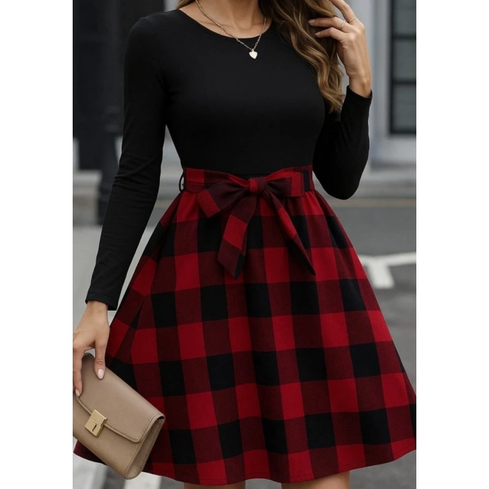 Kadın Uzun Kollu Bisiklet Yaka üst Viskon Alt Ekose Kısa Elbise