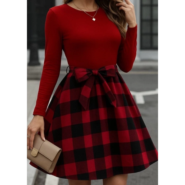 Kadın Uzun Kollu Bisiklet Yaka üst Viskon Alt Ekose Kısa Elbise