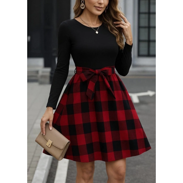 Kadın Uzun Kollu Bisiklet Yaka üst Viskon Alt Ekose Kısa Elbise