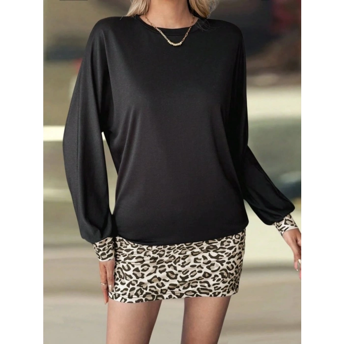 Kadın Uzun Kollu Bisiklet Yaka üst Viskon Iki Iplik Alt Leopar Desenli Mini Elbise