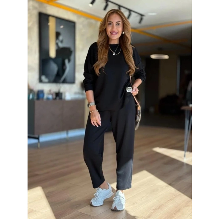 Kadın Uzun Kollu Bisiklet Yaka Viskon Iki Iplik Bluz Ve Pantolon Ikili Takım