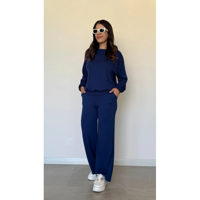 Kadın Uzun Kollu Bisiklet Yaka Viskon Iki Iplik Bluz Ve Pantolon Ikili Takım