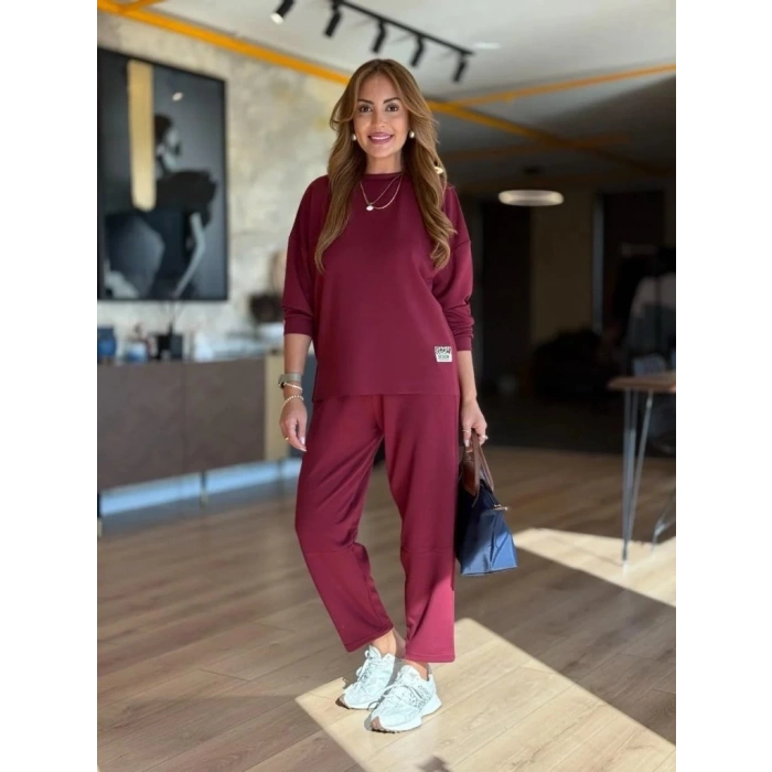 Kadın Uzun Kollu Bisiklet Yaka Viskon Iki Iplik Bluz Ve Pantolon Ikili Takım