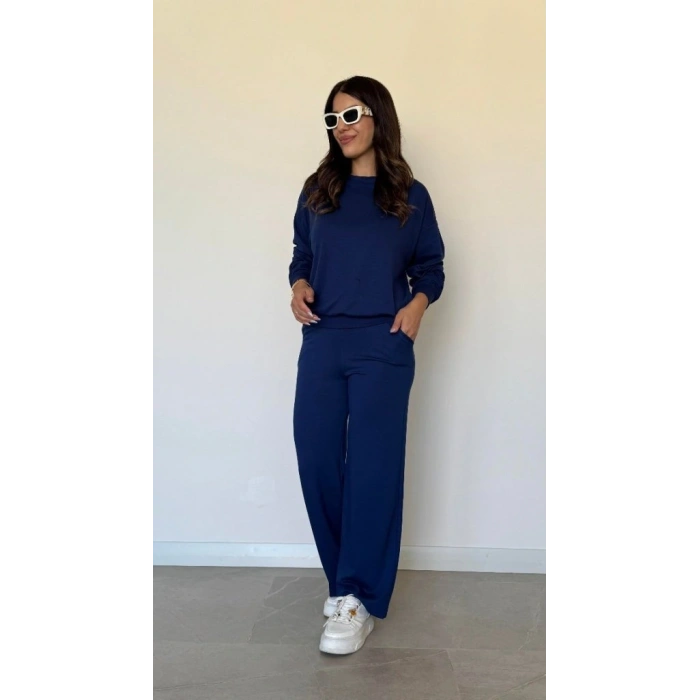 Kadın Uzun Kollu Bisiklet Yaka Viskon Iki Iplik Bluz Ve Pantolon Ikili Takım