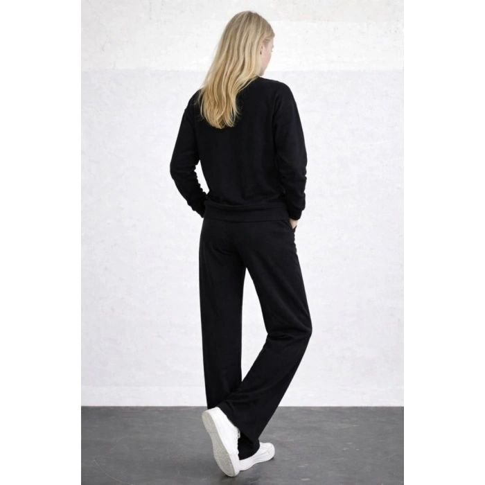 Kadın Uzun Kollu Bisiklet Yaka Viskon Iki Iplik Bluz Ve Pantolon Ikili Takım