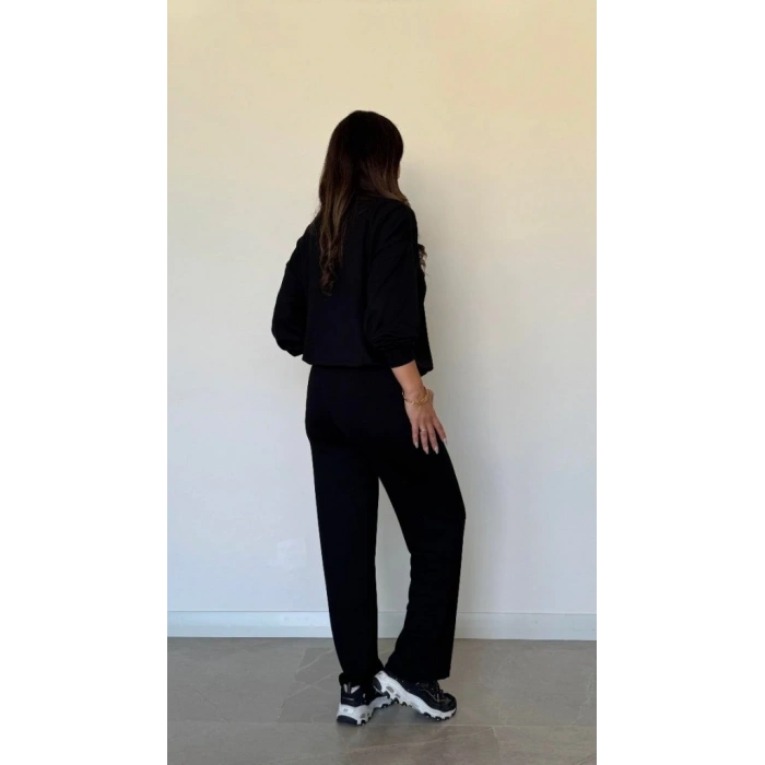 Kadın Uzun Kollu Bisiklet Yaka Viskon Iki Iplik Bluz Ve Pantolon Ikili Takım