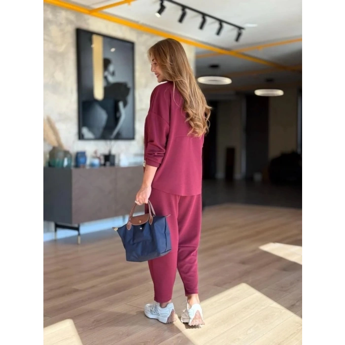 Kadın Uzun Kollu Bisiklet Yaka Viskon Iki Iplik Bluz Ve Pantolon Ikili Takım