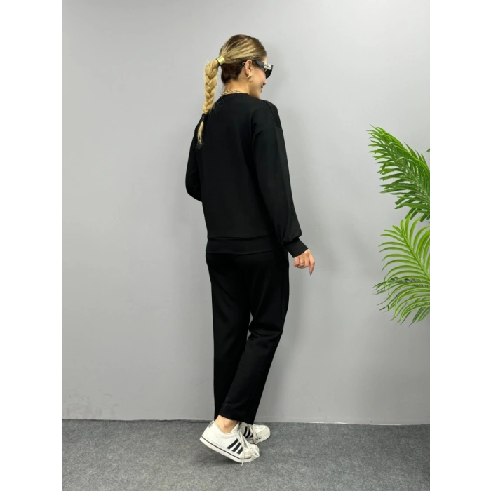 Kadın Uzun Kollu Bisiklet Yaka Viskon Iki Iplik Bluz Ve Pantolon Ikili Takım