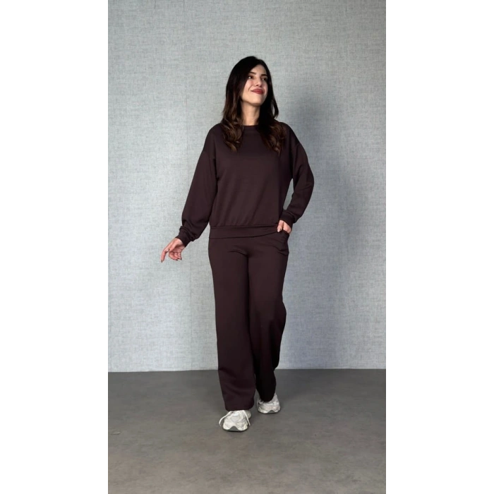 Kadın Uzun Kollu Bisiklet Yaka Viskon Iki Iplik Bluz Ve Pantolon Ikili Takım