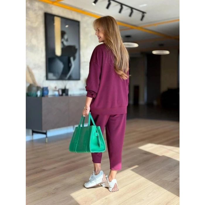 Kadın Uzun Kollu Bisiklet Yaka Viskon Iki Iplik Mor Bluz Ve Pantolon Ikili Takım