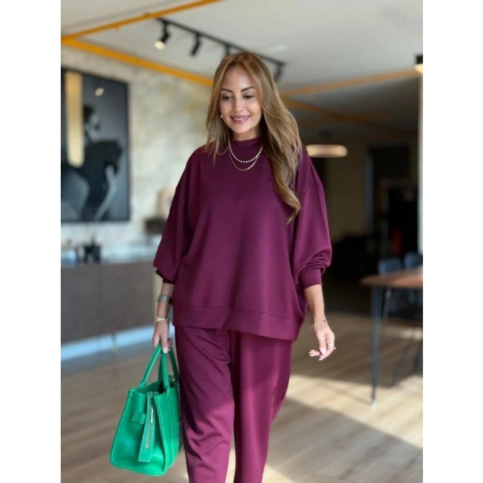 Kadın Uzun Kollu Bisiklet Yaka Viskon Iki Iplik Mor Bluz Ve Pantolon Ikili Takım