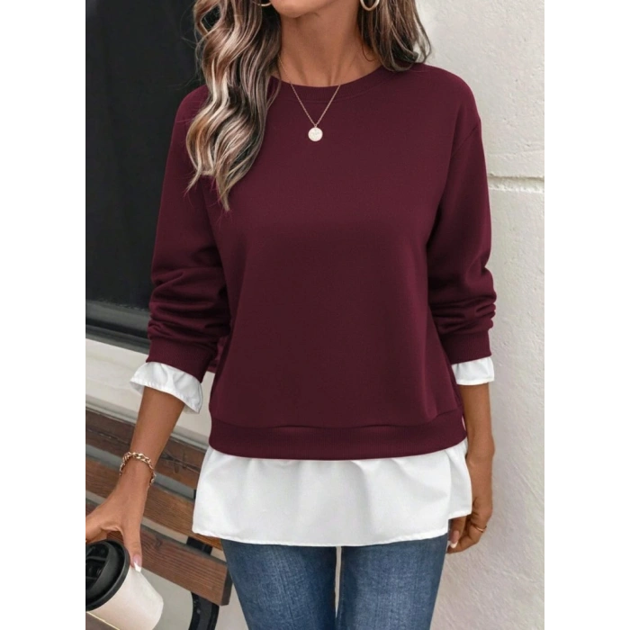 Kadın Uzun Kollu Bisiklet Yaka Viskon Iki Iplik Ve Etek Ucu Trikoton Bluz