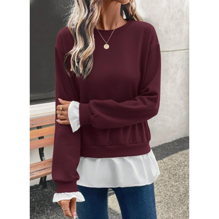 Kadın Uzun Kollu Bisiklet Yaka Viskon Iki Iplik Ve Etek Ucu Trikoton Bluz