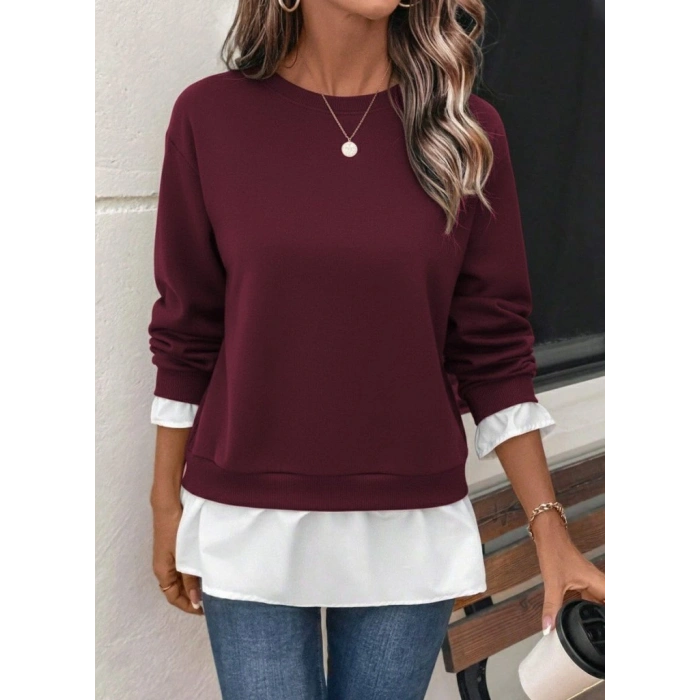 Kadın Uzun Kollu Bisiklet Yaka Viskon Iki Iplik Ve Etek Ucu Trikoton Bluz