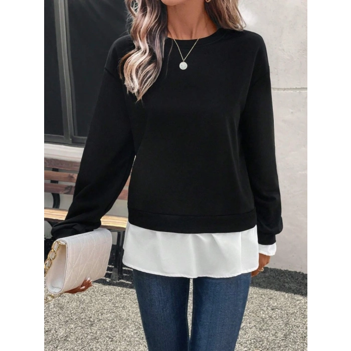 Kadın Uzun Kollu Bisiklet Yaka Viskon Iki Iplik Ve Etek Ucu Trikoton Bluz
