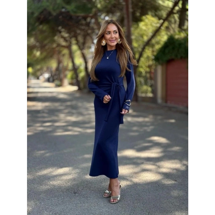 Kadın Uzun Kollu Bisiklet Yaka Yandan Bağlamalı Uzun Modal Elbise