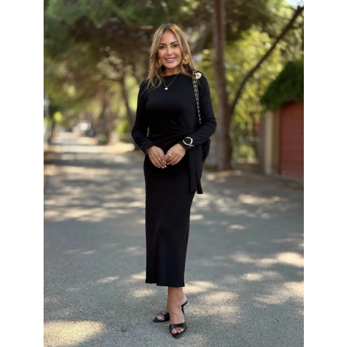 Kadın Uzun Kollu Bisiklet Yaka Yandan Bağlamalı Uzun Modal Elbise