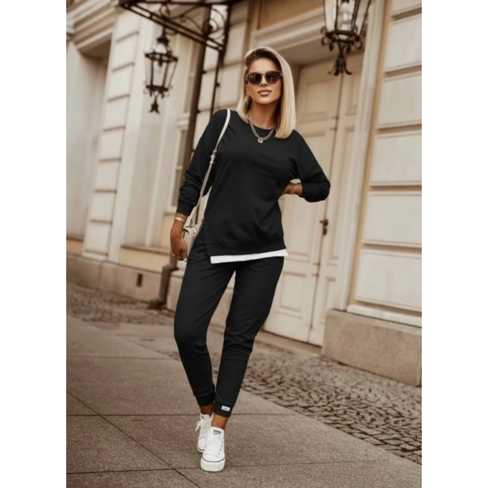 Kadın Uzun Kollu Bisiklet Yaka Yandan Fermuarlı Viskon Iki Iplik Bluz Ve Pantolon Ikili Takım