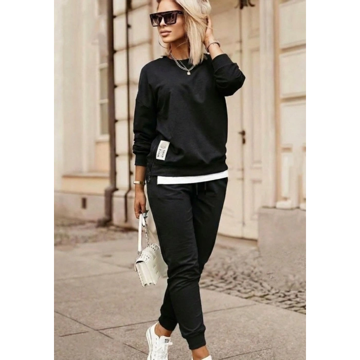 Kadın Uzun Kollu Bisiklet Yaka Yandan Fermuarlı Viskon Iki Iplik Bluz Ve Pantolon Ikili Takım