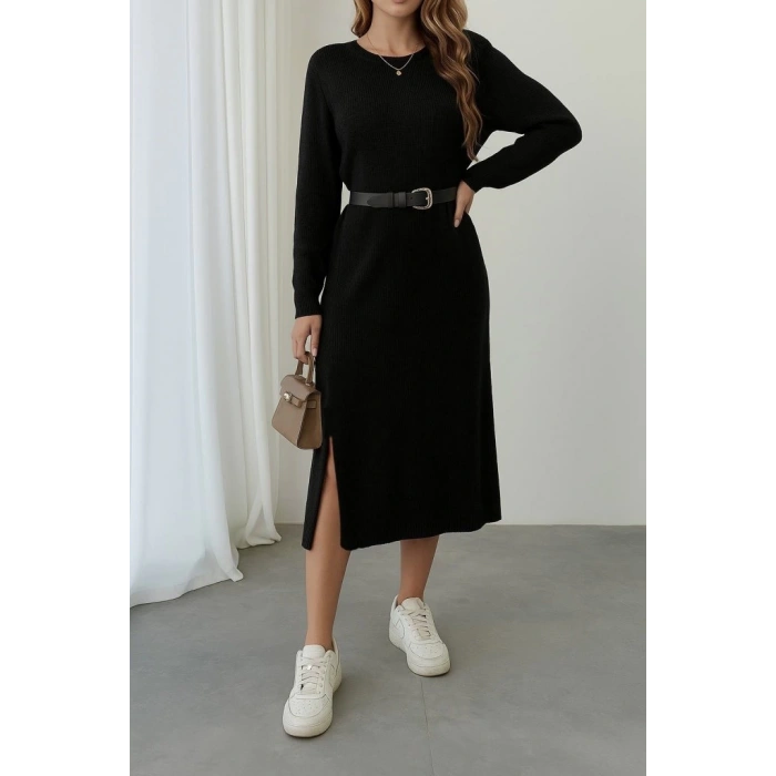 Kadın Uzun Kollu Bisiklet Yaka Yandan Yırtmaçlı Midi Triko Elbise