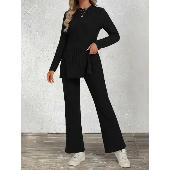 Kadın Uzun Kollu Bisiklet Yaka Yandan Yırtmaçlı şardonlu Kaşkorse Bluz Ve Pantolon Ikili Takım