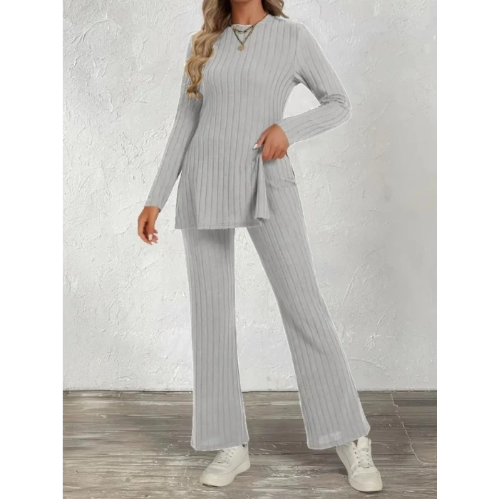 Kadın Uzun Kollu Bisiklet Yaka Yandan Yırtmaçlı şardonlu Kaşkorse Bluz Ve Pantolon Ikili Takım