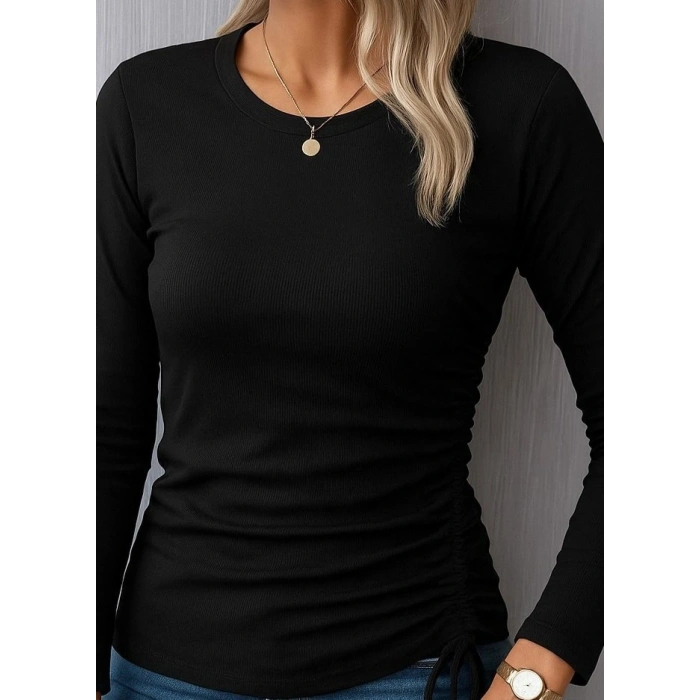 Kadın Uzun Kollu Bisiklet Yaka Yanları Ve Kolları Büzgülü Kadife Bluz