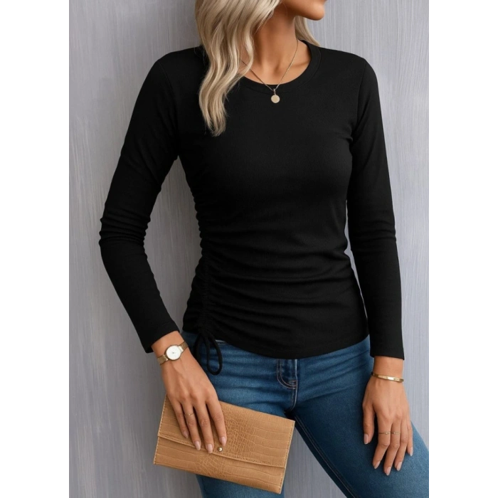 Kadın Uzun Kollu Bisiklet Yaka Yanları Ve Kolları Büzgülü Kadife Bluz